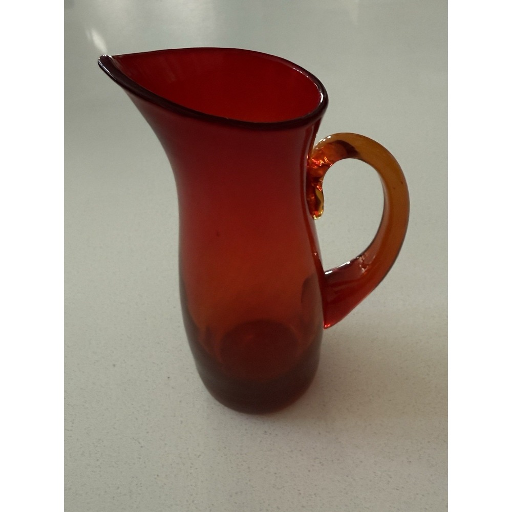 Vintage Small Amberina Glass Hand Blown Glowing Pitcher with Orange Handle 7.5"